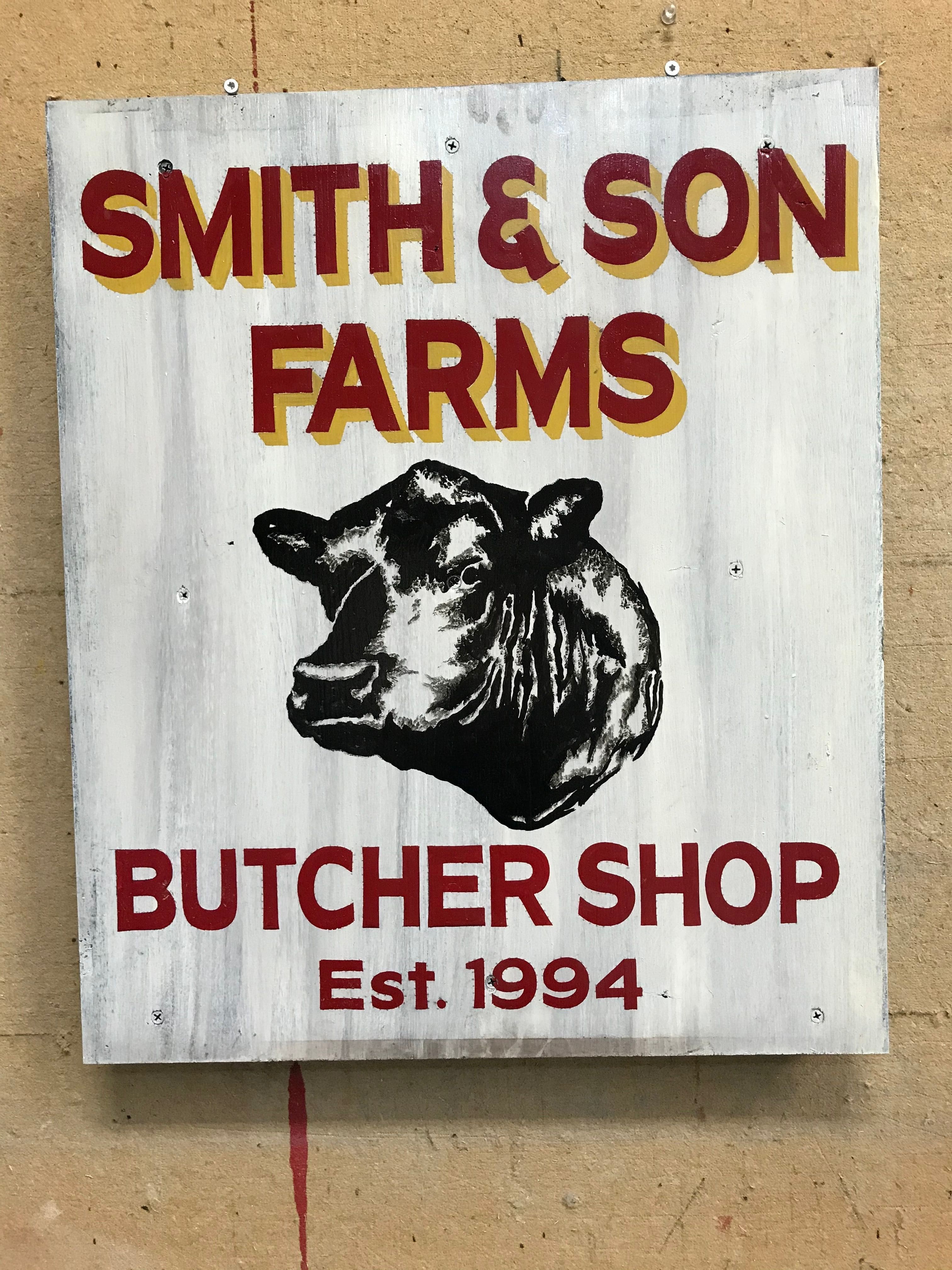 Painted sign for Smith & Sons Farms sign, painted to look vintage.