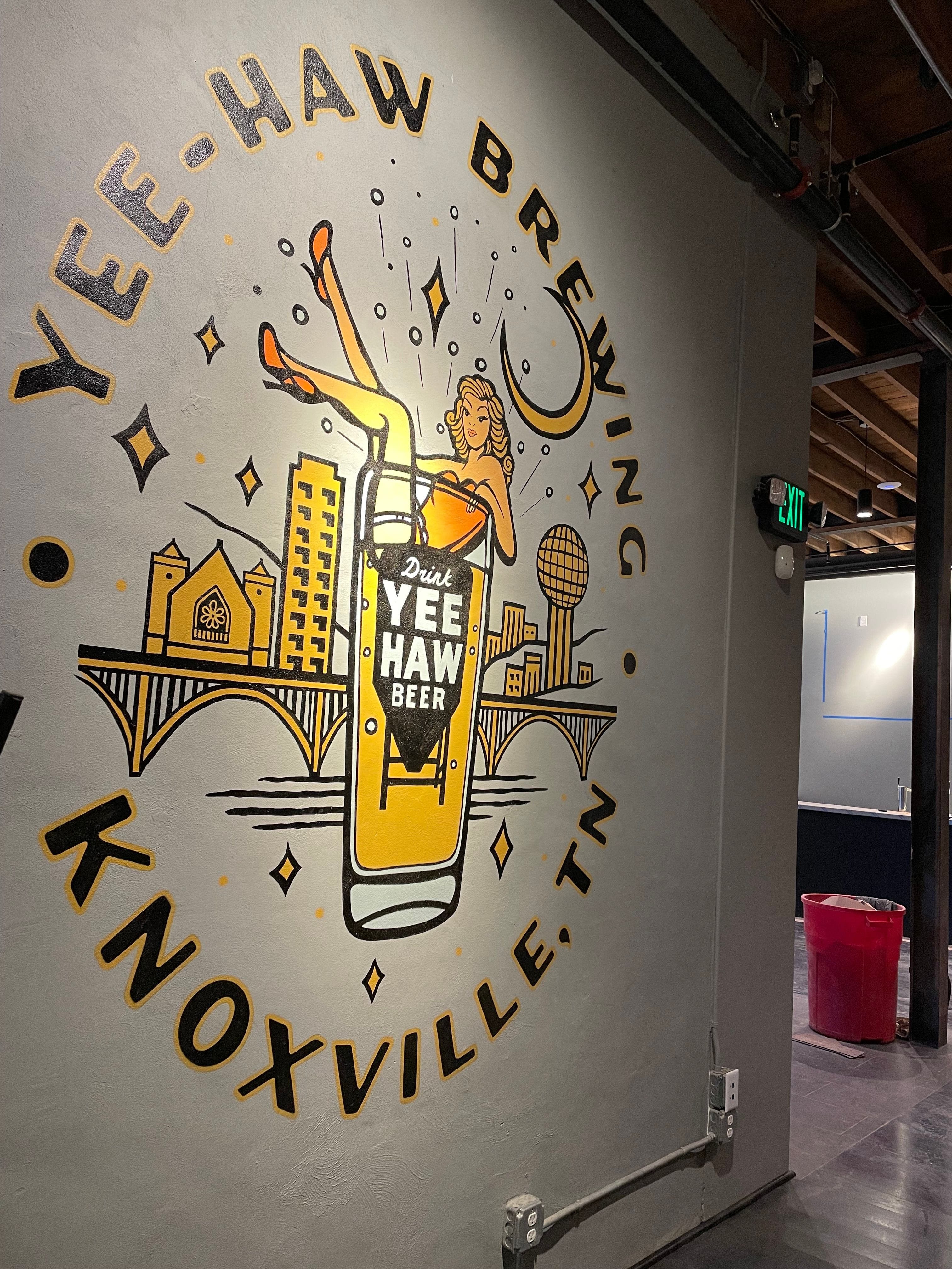 Interior wall mural painted on stucco in the Yee Haw Brewing Co. in downtown Knoxville, TN