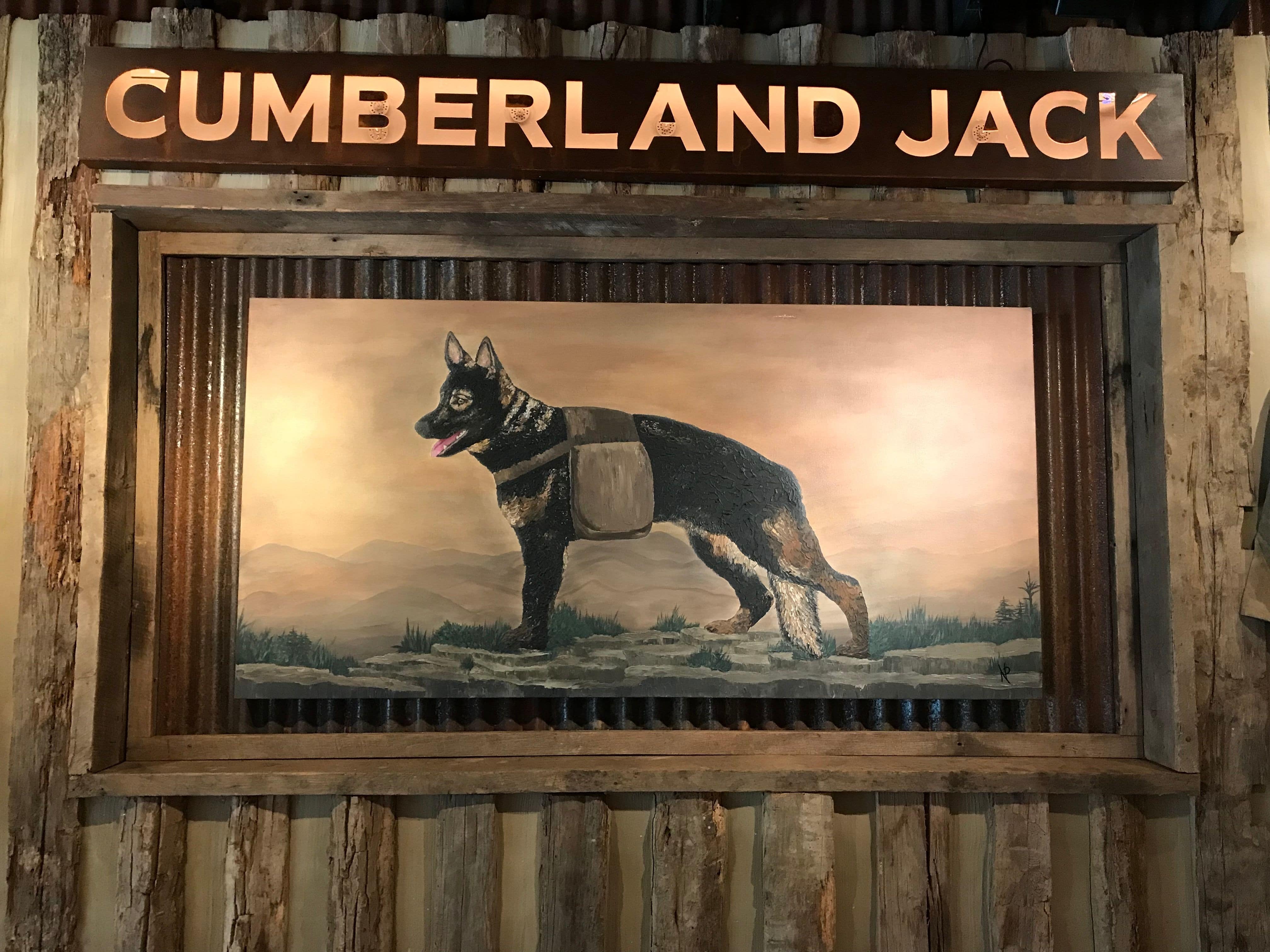 Portrait painted mural of Cumberland Jack the dog who could hike to Mt. LeCont in the Great Smoky Mountains National Park. located in Gatlinburg,TN